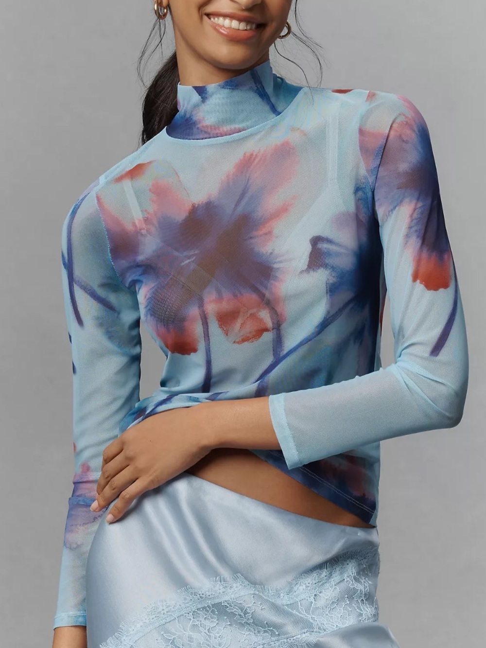 Anthropologie Mesh Turtleneck Top sheer tropical print sunset watercolor medium